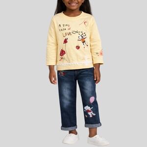 URMAGIC Girls 2-Piece Outfit Size 5–6Y Yellow Graphic Tee + Embroidered Jeans